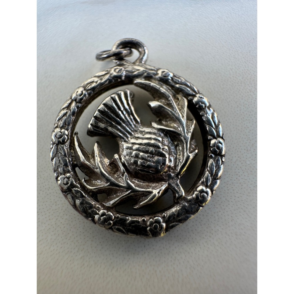 Vintage Scottish Thistle Round Wreath Pendant Charm 3.4g‎ 925 Sterling Silver